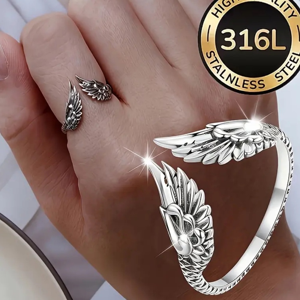 Sterling-Look Silver Wing Ring  - 316L Stainless Style